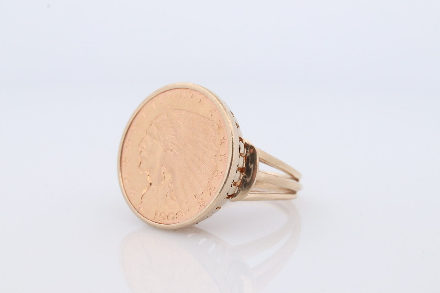 14k Gold ring with a 22K 2.5 Dollar 1908 Indian Chief Head Coin bezel set. Bezel set Signet Coin ring.