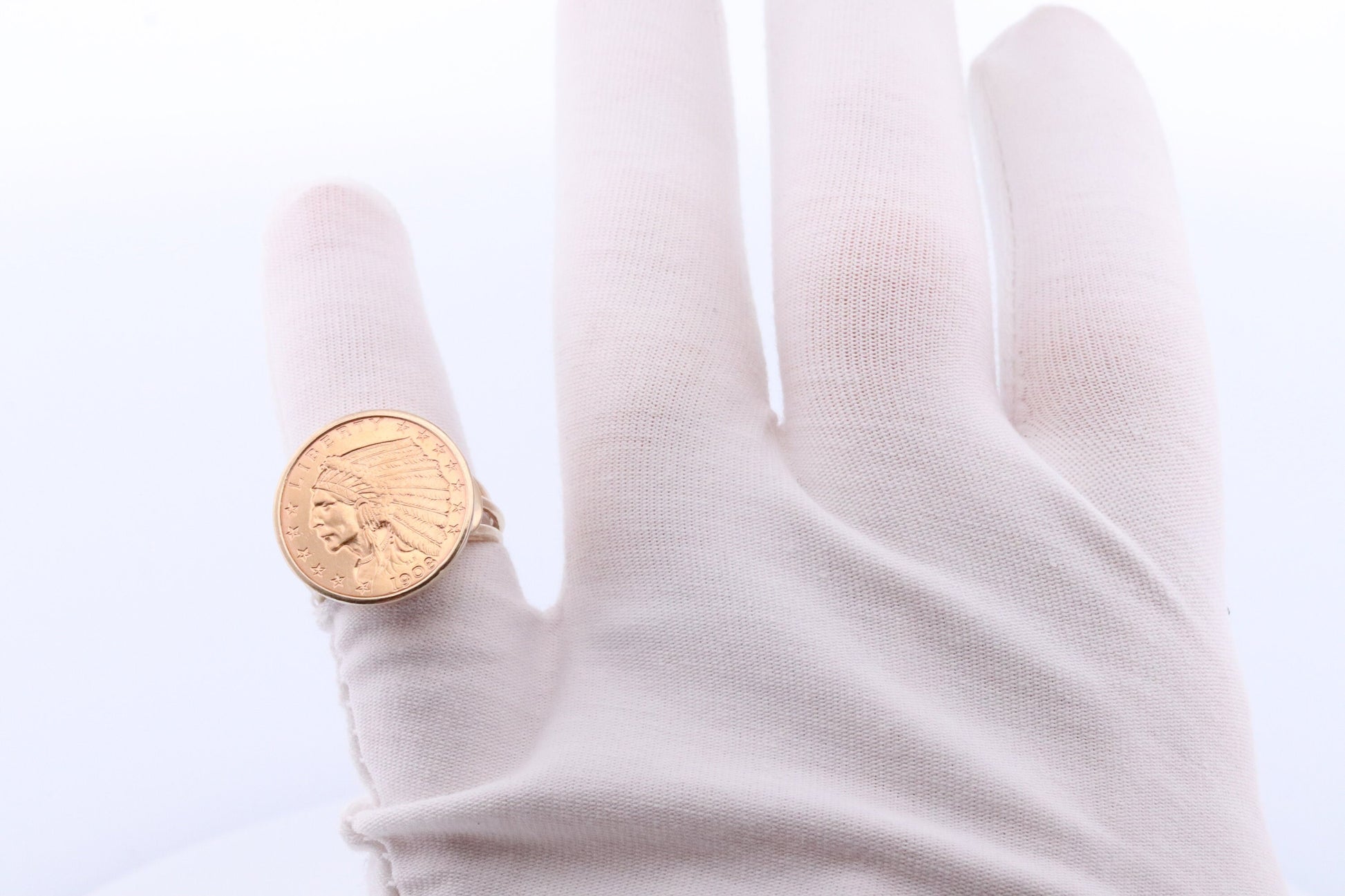 14k Gold ring with a 22K 2.5 Dollar 1908 Indian Chief Head Coin bezel set. Bezel set Signet Coin ring.