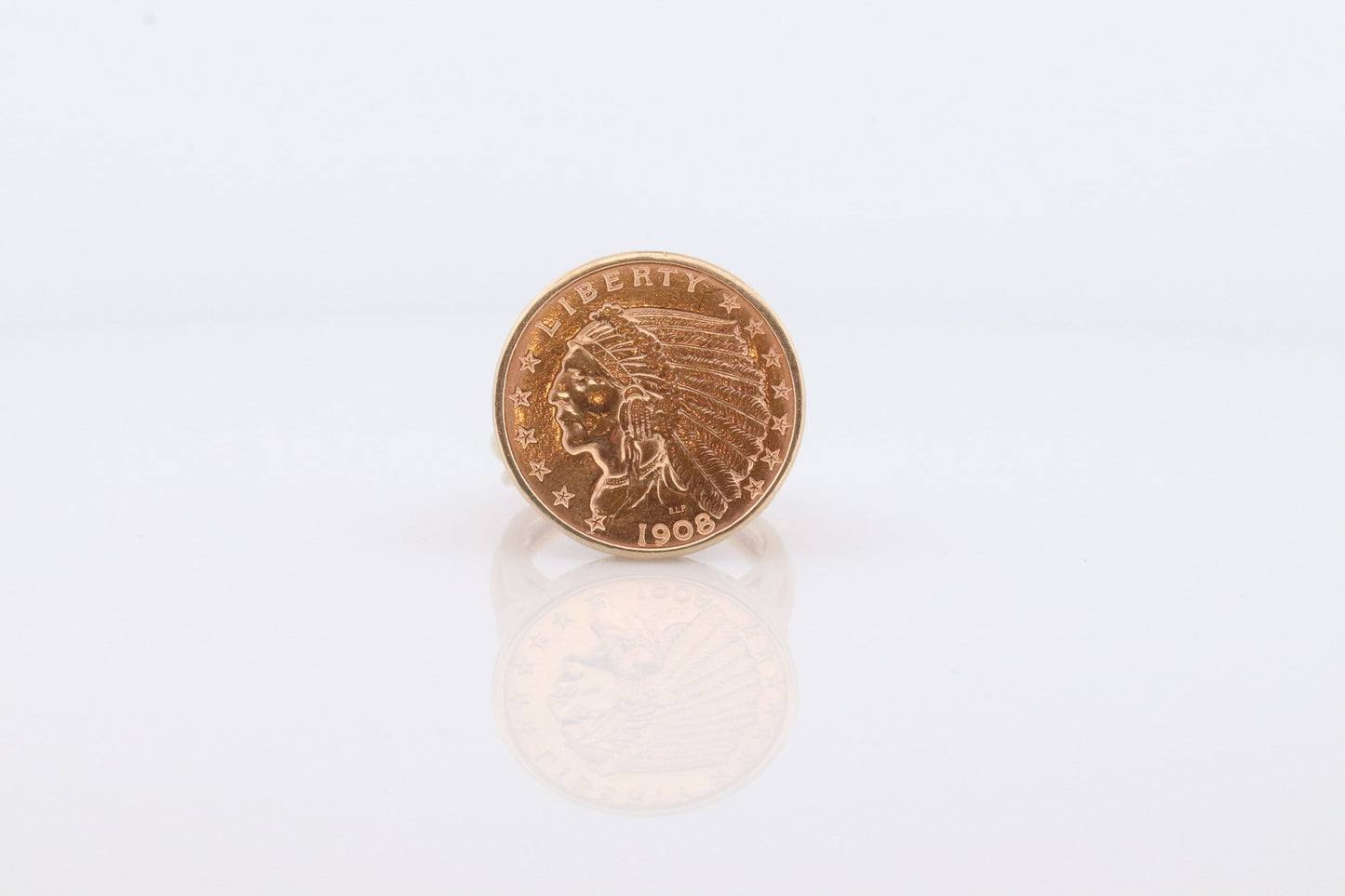 14k Gold ring with a 22K 2.5 Dollar 1908 Indian Chief Head Coin bezel set. Bezel set Signet Coin ring.