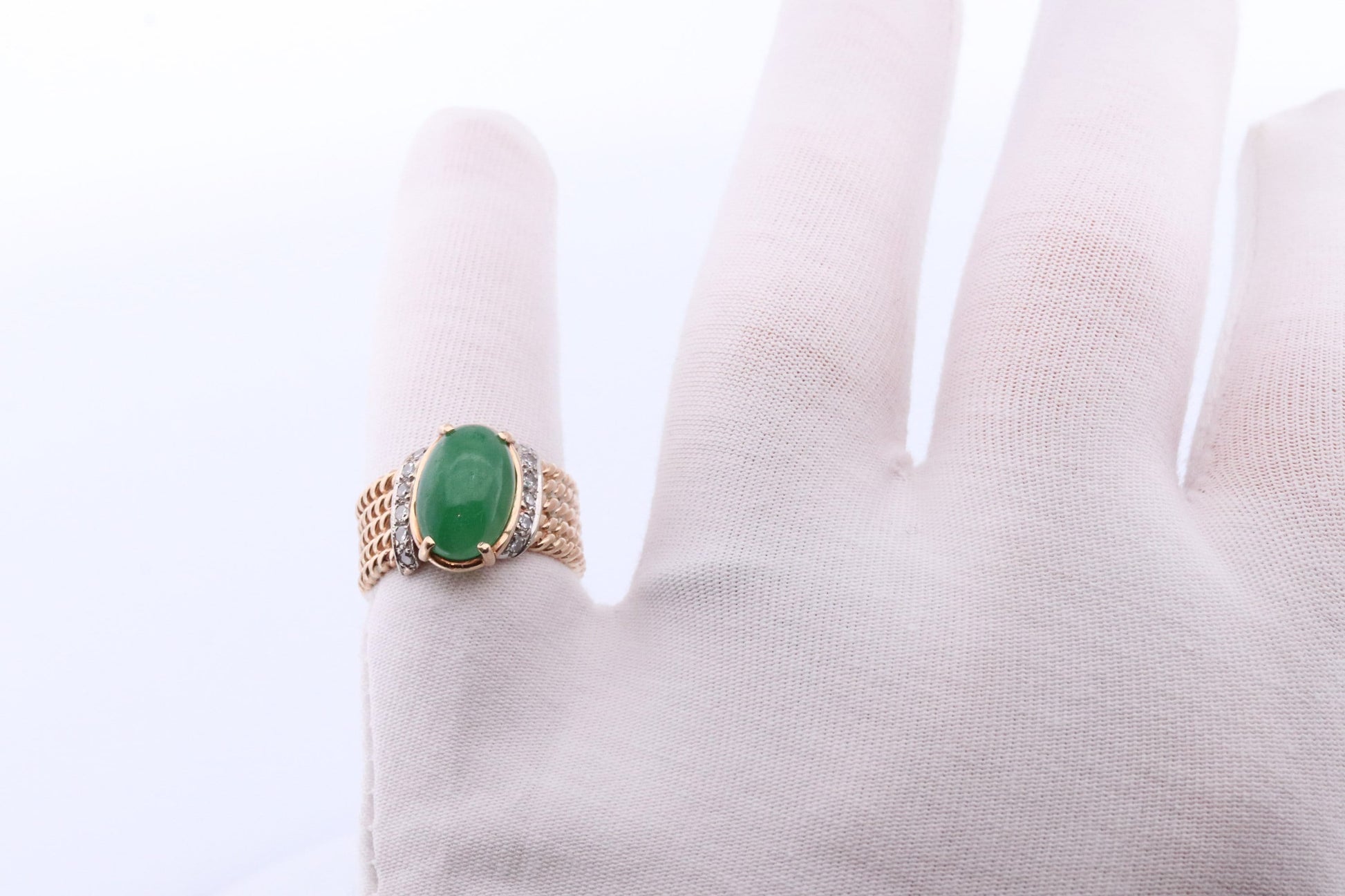 14k Apple Jade Diamond ring. Jade Cabochon Prong set ring. Accented with Diamonds Very rare Jade Signet ring. Heavy band.