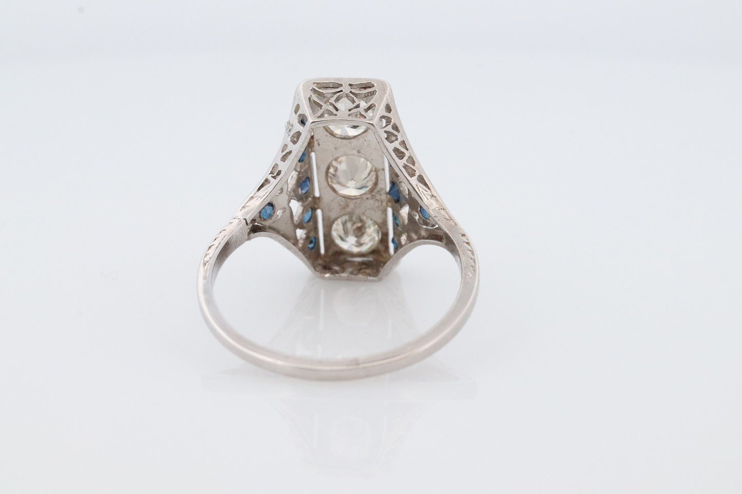 Antique 18k Triple Diamond ring. Trilogy Trio diamond ring. Sapphire and Diamond Shield ring. Filigree design.