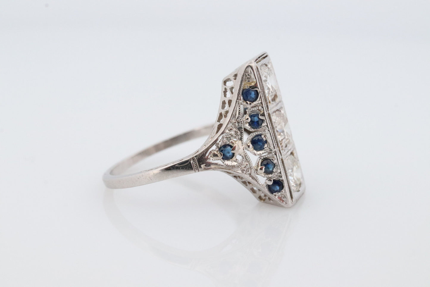 Antique 18k Triple Diamond ring. Trilogy Trio diamond ring. Sapphire and Diamond Shield ring. Filigree design.