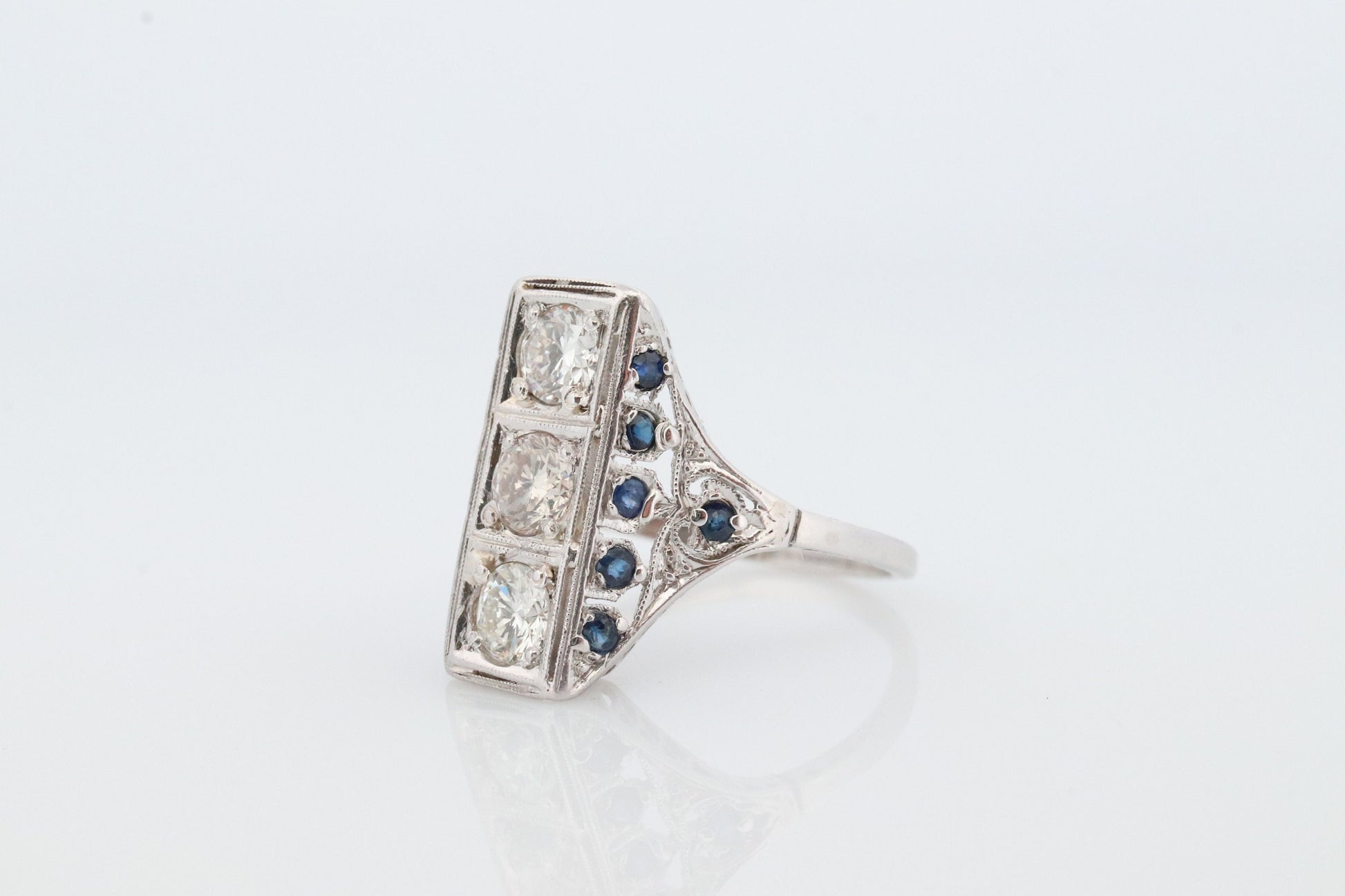 Antique 18k Triple Diamond ring. Trilogy Trio diamond ring. Sapphire and Diamond Shield ring. Filigree design.