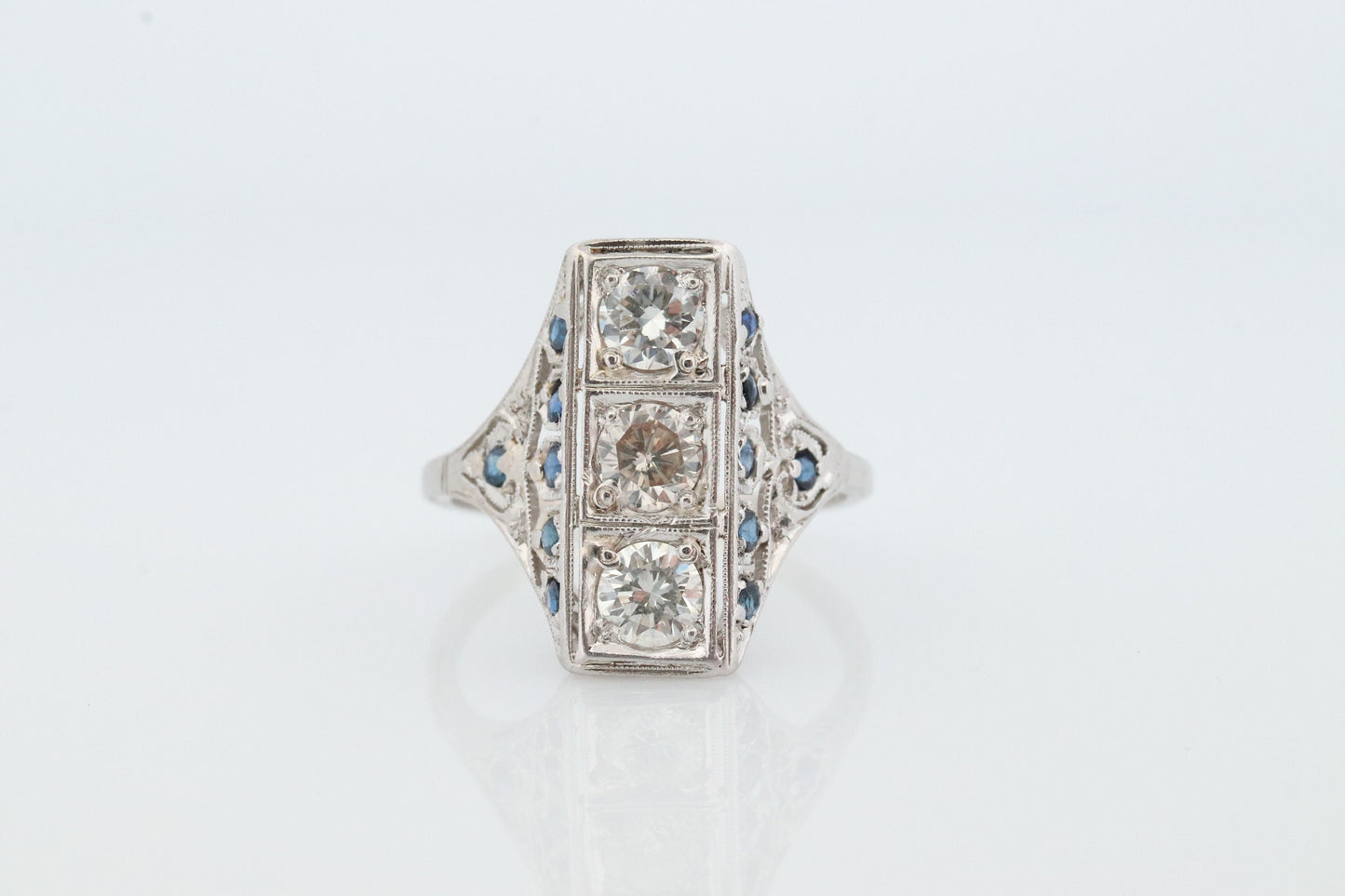 Antique 18k Triple Diamond ring. Trilogy Trio diamond ring. Sapphire and Diamond Shield ring. Filigree design.