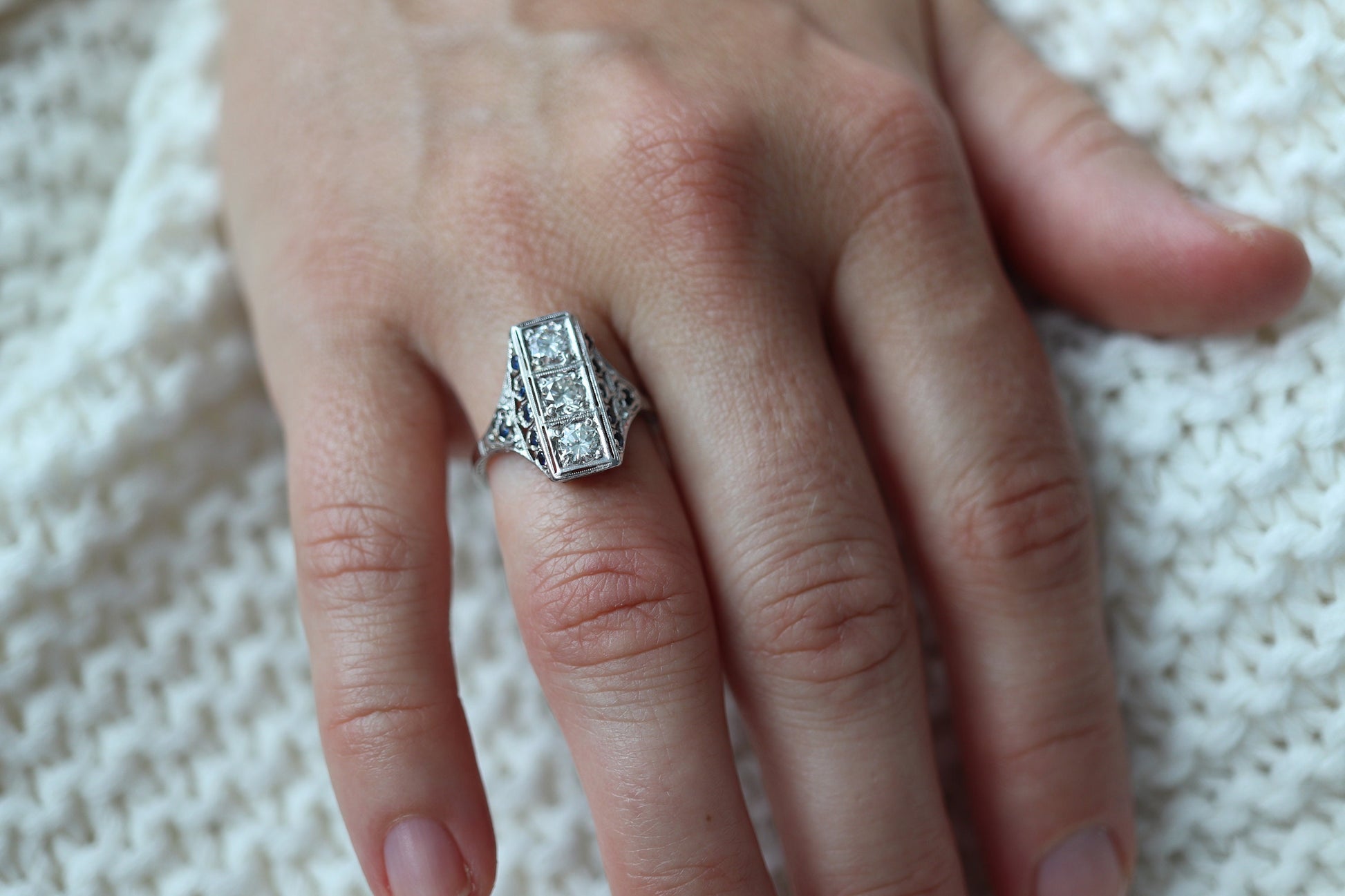 Antique 18k Triple Diamond ring. Trilogy Trio diamond ring. Sapphire and Diamond Shield ring. Filigree design.