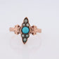 Victorian 10k Turquoise Cabochon and Pearl Seed Ring. 10k Victorian ornate Vine embossed bezel ring. Navette antique ring.