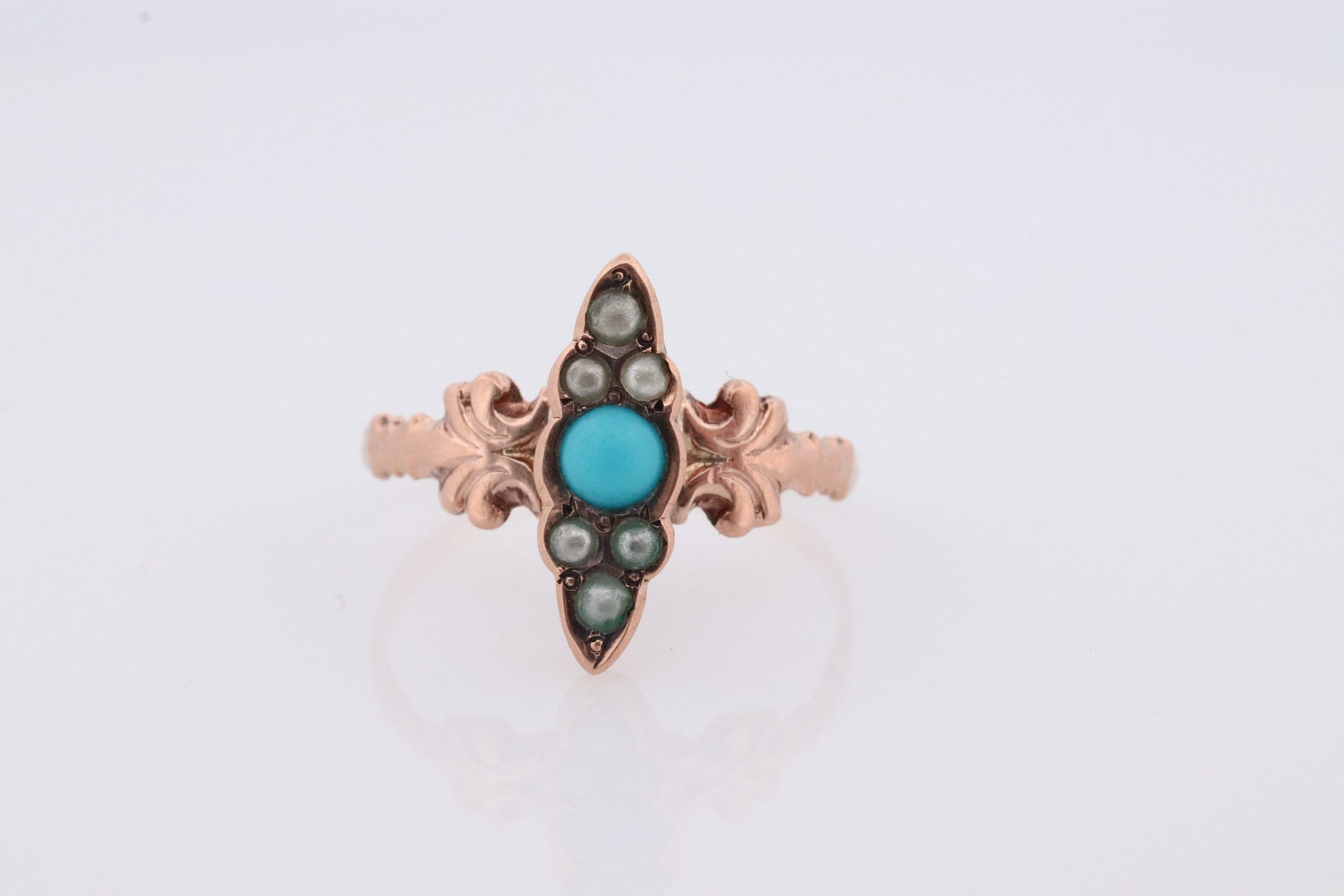 Victorian 10k Turquoise Cabochon and Pearl Seed Ring. 10k Victorian ornate Vine embossed bezel ring. Navette antique ring.