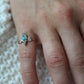Victorian 10k Turquoise Cabochon and Pearl Seed Ring. 10k Victorian ornate Vine embossed bezel ring. Navette antique ring.
