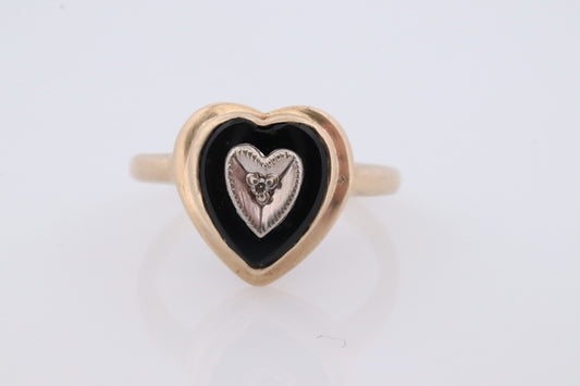 10k ONYX and diamond HEART ring. Heart Onyx bezel set victorian mourning ring. Mason 10k Ring.