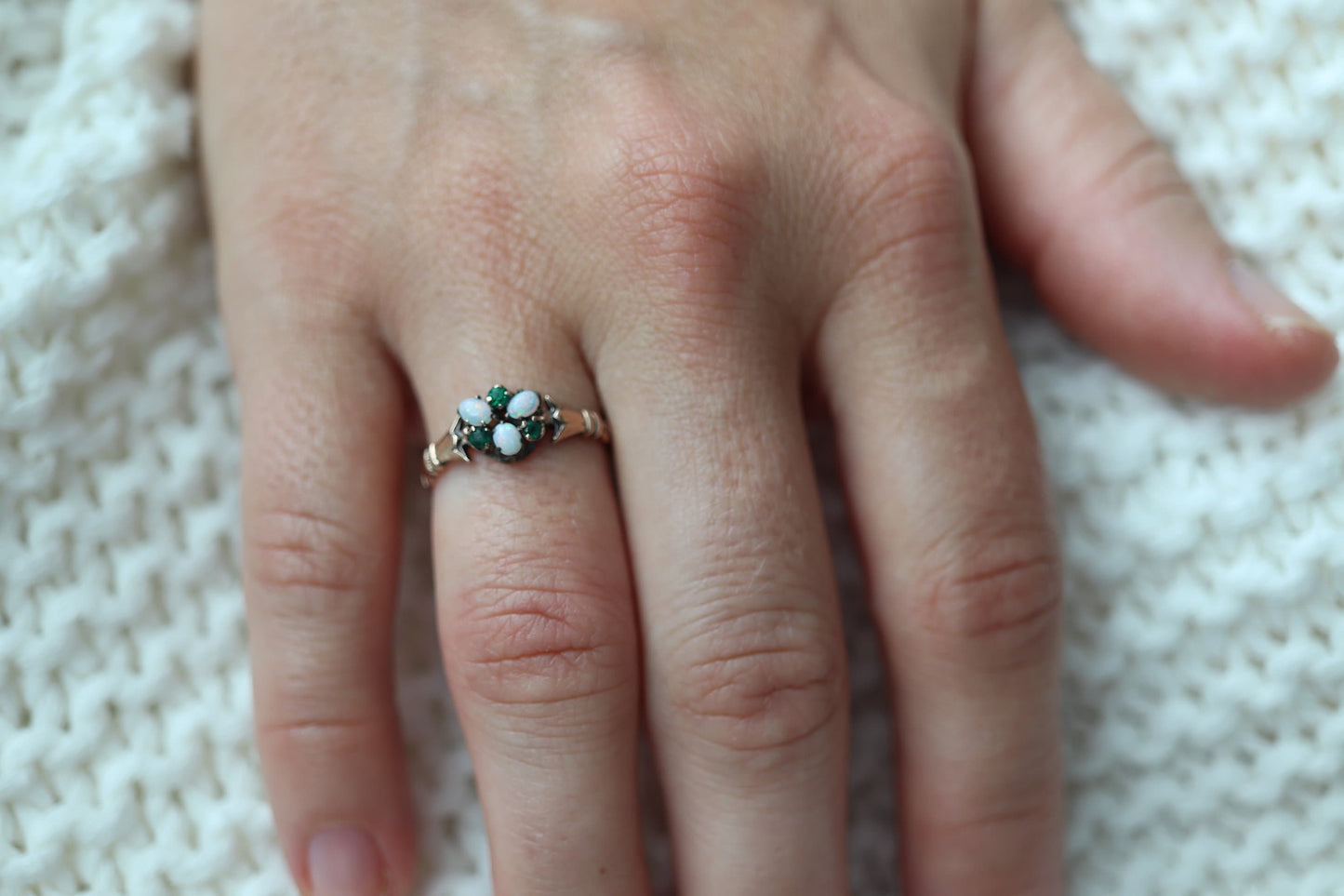 Victorian Opal and Gemstone ring. 10k Gold Antique Opal and Green Gem Cluster ring.