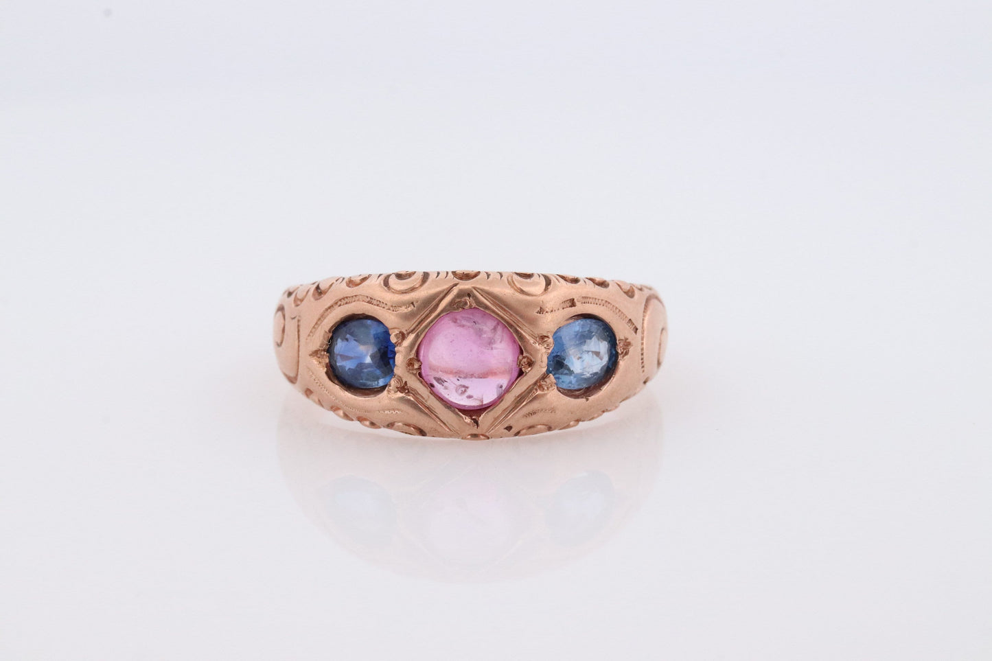 Antique 10k Triple Ruby Sapphire signet ring. Gypsy Cabochon Ruby bezel set into Signet band. 10k Gold Anniversary Three stone band ring