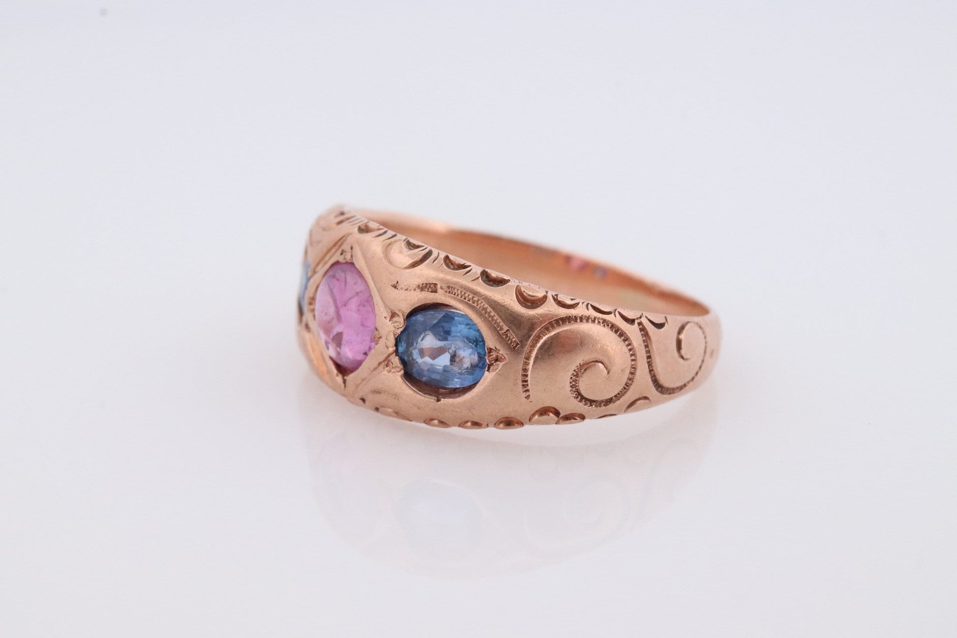 Antique 10k Triple Ruby Sapphire signet ring. Gypsy Cabochon Ruby bezel set into Signet band. 10k Gold Anniversary Three stone band ring