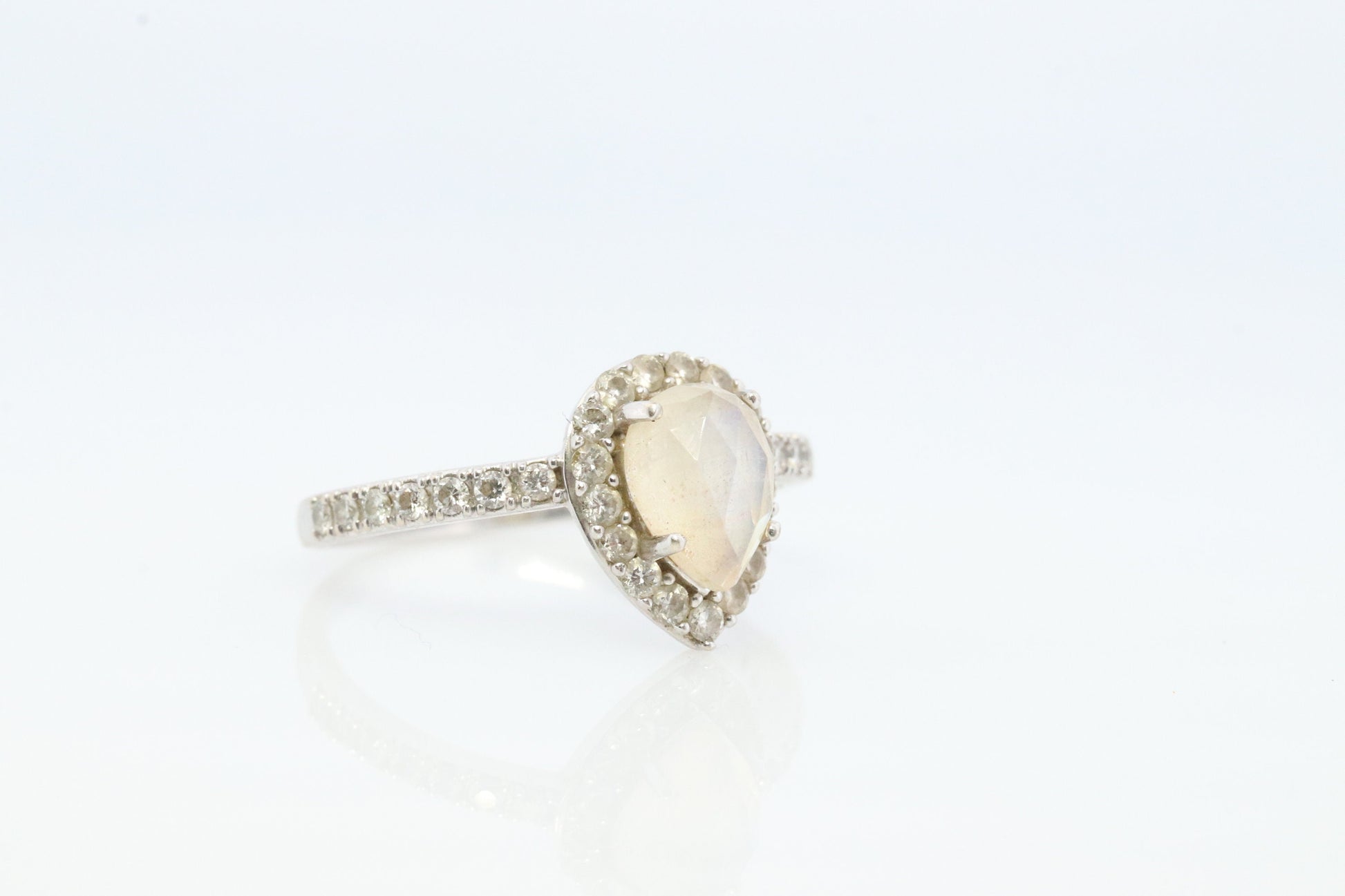 14k Moonstone Diamond Halo ring. Pear Rainbow Moonstone set with Diamonds. Diamond Halo Alternate Engagement ring.