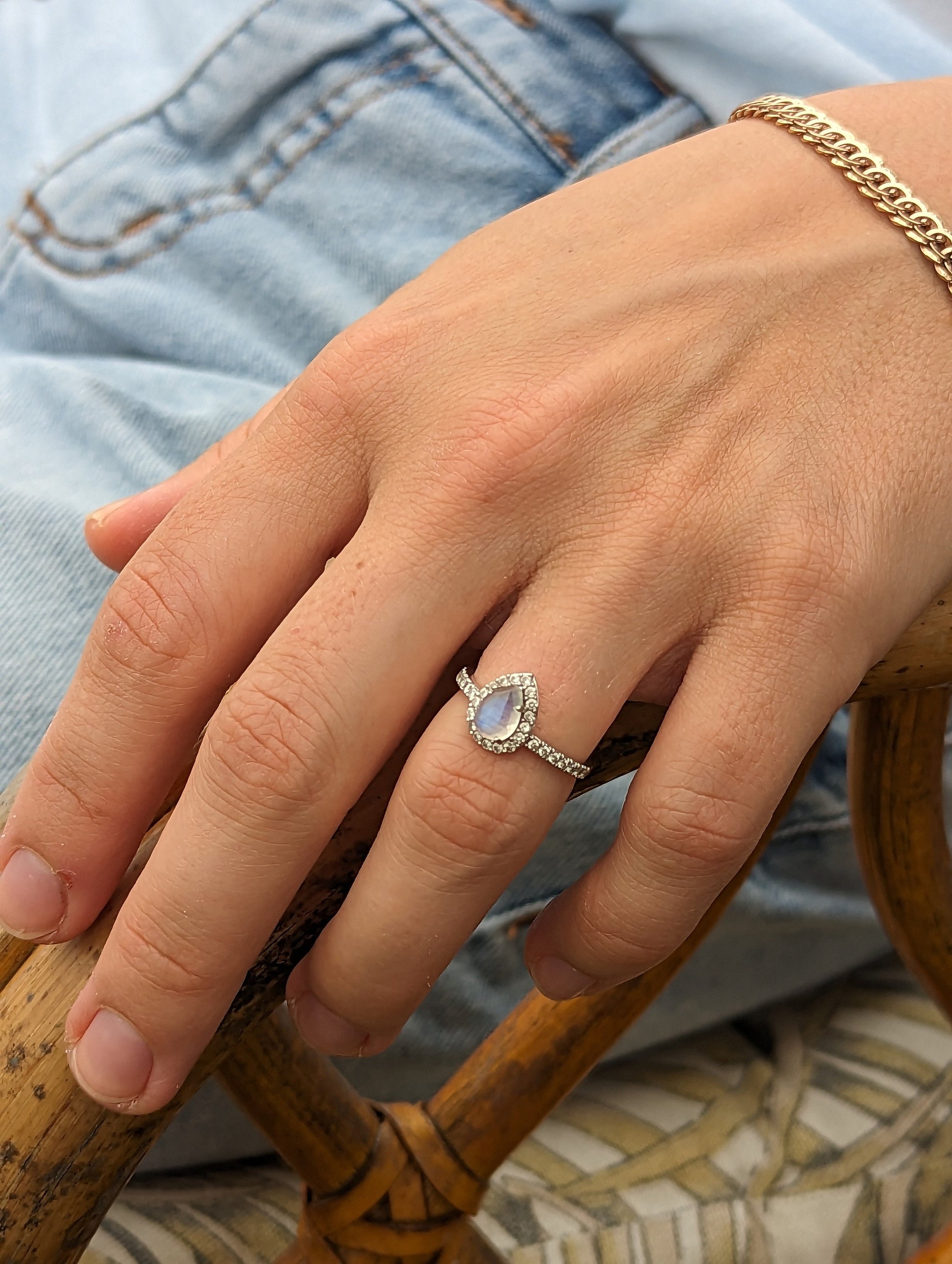 14k Moonstone Diamond Halo ring. Pear Rainbow Moonstone set with Diamonds. Diamond Halo Alternate Engagement ring.