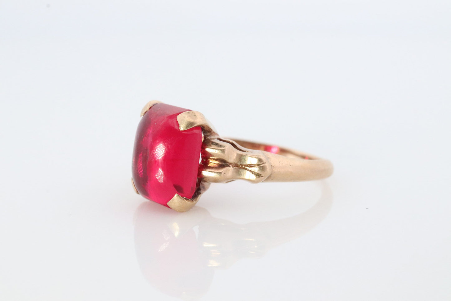 Vintage Ruby Ring. 10k Yellow Gold Sugar Loaf LC Cabochon Ruby. Womens Ladies Large Ruby Solitaire band.