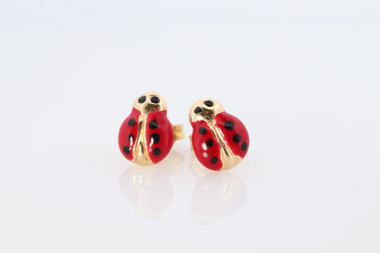 LADYBUG earrings. 14k Yellow Gold Enamel Painted Lady bug stud earring. Fun Ladybug studs.