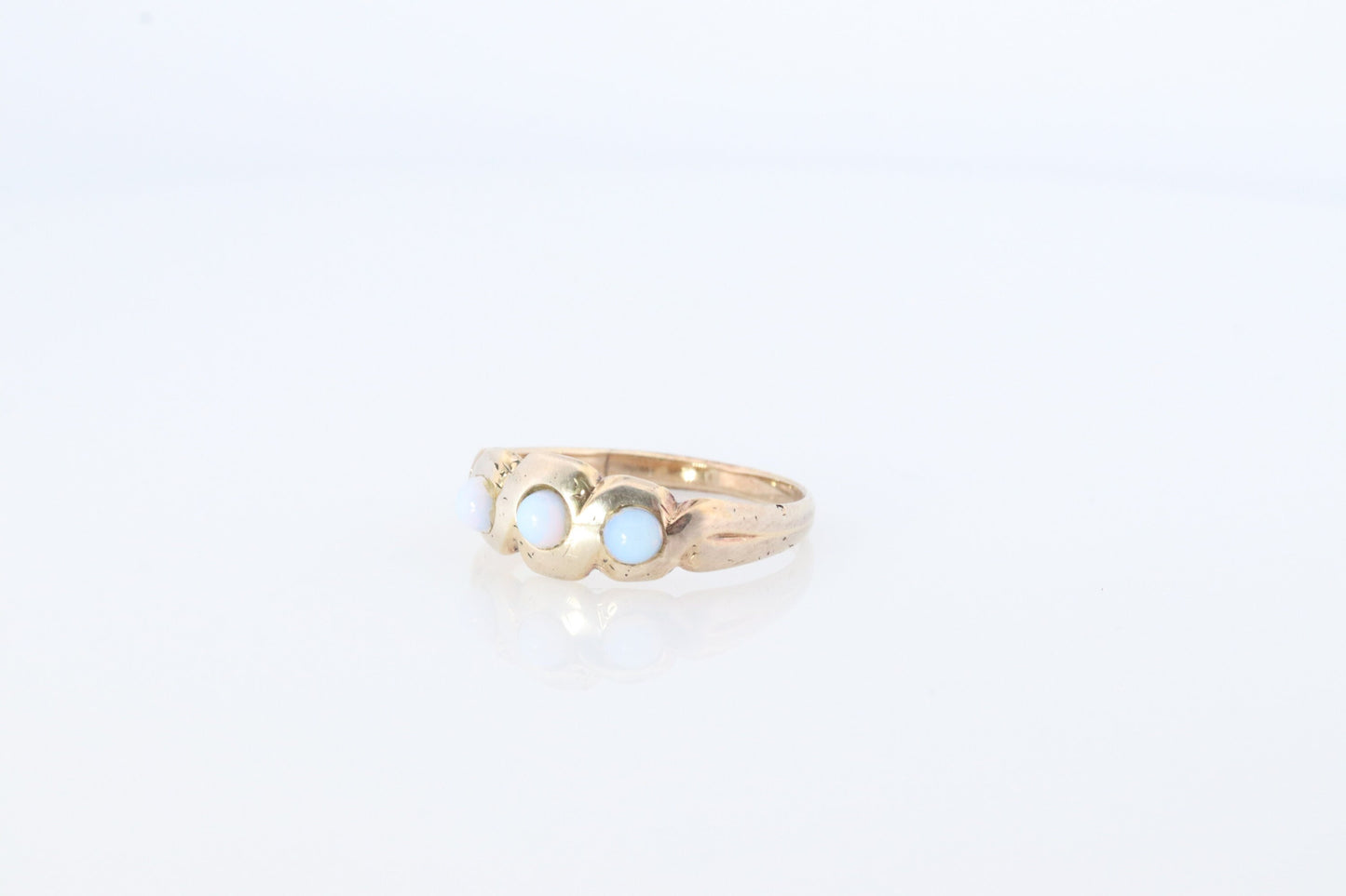 Gold Filled Victorian Opal ring. GF Yellow Gold with bezel set triple opalite cabochons.