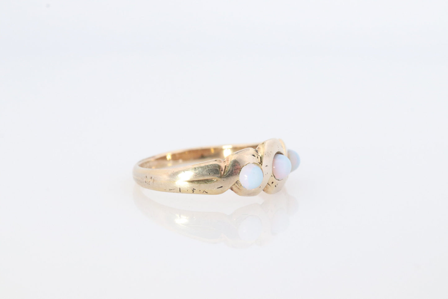 Gold Filled Victorian Opal ring. GF Yellow Gold with bezel set triple opalite cabochons.