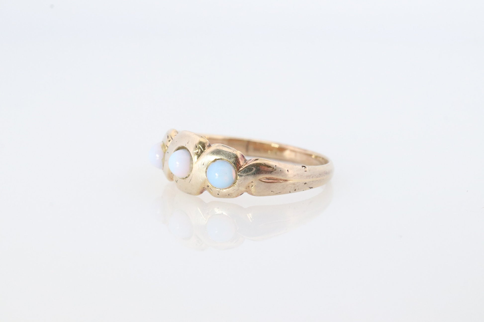 Gold Filled Victorian Opal ring. GF Yellow Gold with bezel set triple opalite cabochons.