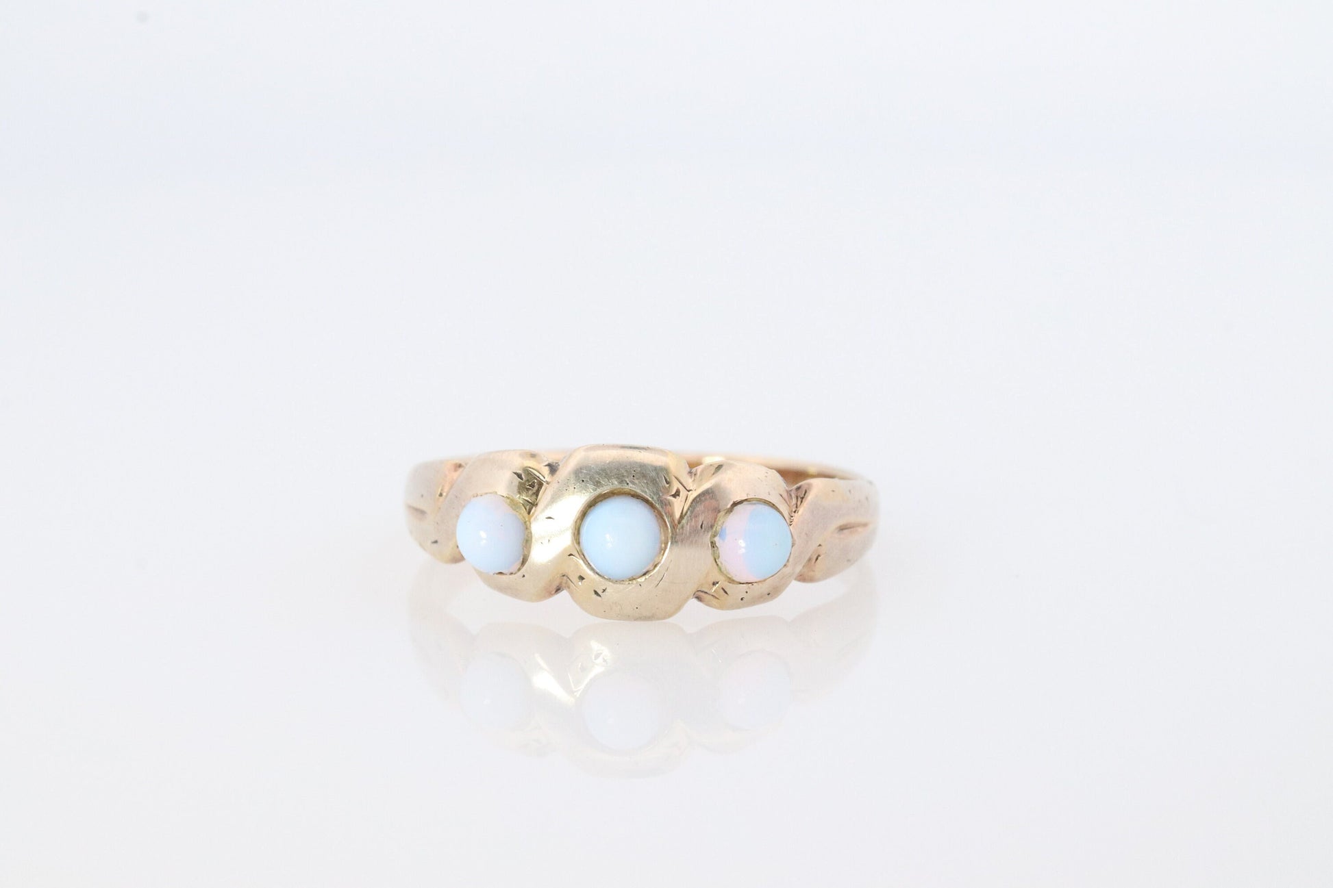 Gold Filled Victorian Opal ring. GF Yellow Gold with bezel set triple opalite cabochons.