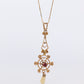 Art Nouveau Ruby and Pearl seed Buttercup 10k gold Lavaliere