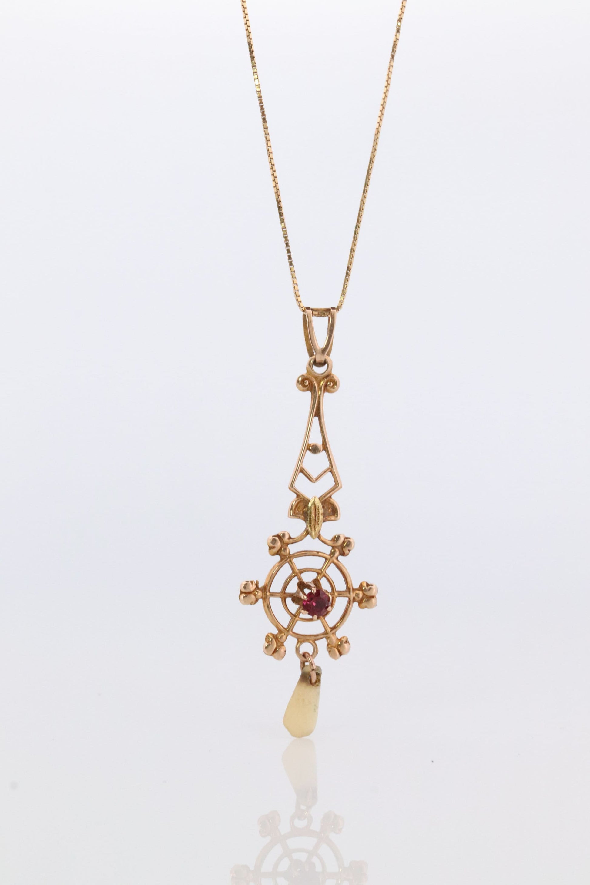 Art Nouveau Ruby and Pearl seed Buttercup 10k gold Lavaliere