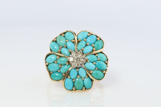 14k Large Turquoise Cabochon and Diamond Ring. 14k Cluster Turquoise Flower with Diamond center Ring (146)