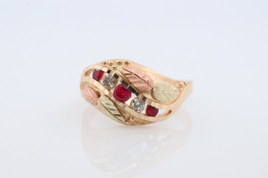 Black Hills Gold Ring. Diamond Ruby Ring. 10k Multi-Tone Gold. Black Hills Gold with alternating diamonds rubies Wedding Band Anniversary