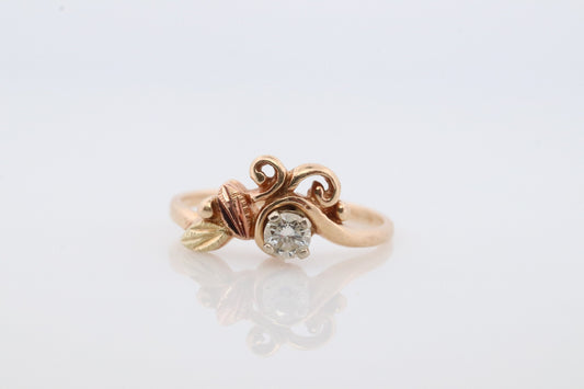 Black Hills Gold Ring. Diamond Ring. 10k Multi-Tone Gold. Dainty Black Hills Gold Design with diamond. Solitaire diamond Band