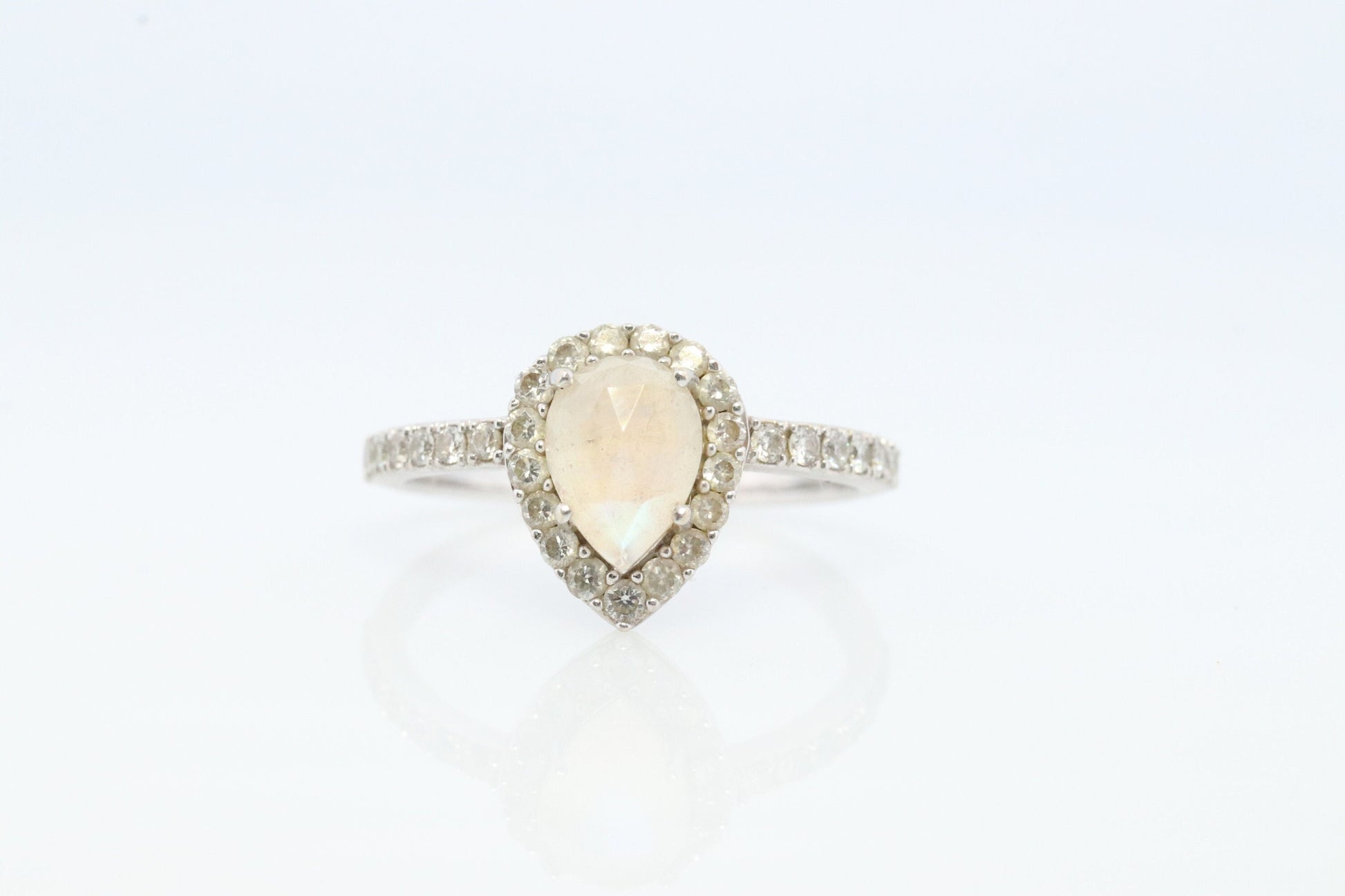 14k Moonstone Diamond Halo ring. Pear Rainbow Moonstone set with Diamonds. Diamond Halo Alternate Engagement ring.