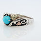 Black Hills Gold Turquoise ring. Sterling Silver and 12k/10k Gold Leaf inlays. Robin Egg color Turquoise cabochon solitaire.