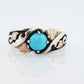 Black Hills Gold Turquoise ring. Sterling Silver and 12k/10k Gold Leaf inlays. Robin Egg color Turquoise cabochon solitaire.