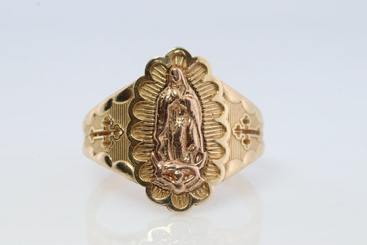 Vintage 14k Yellow Gold Pendant. Marian Cross Band. Madonna Pendant. VIRGIN Mary Ring. Mother Medallion Signet ring.