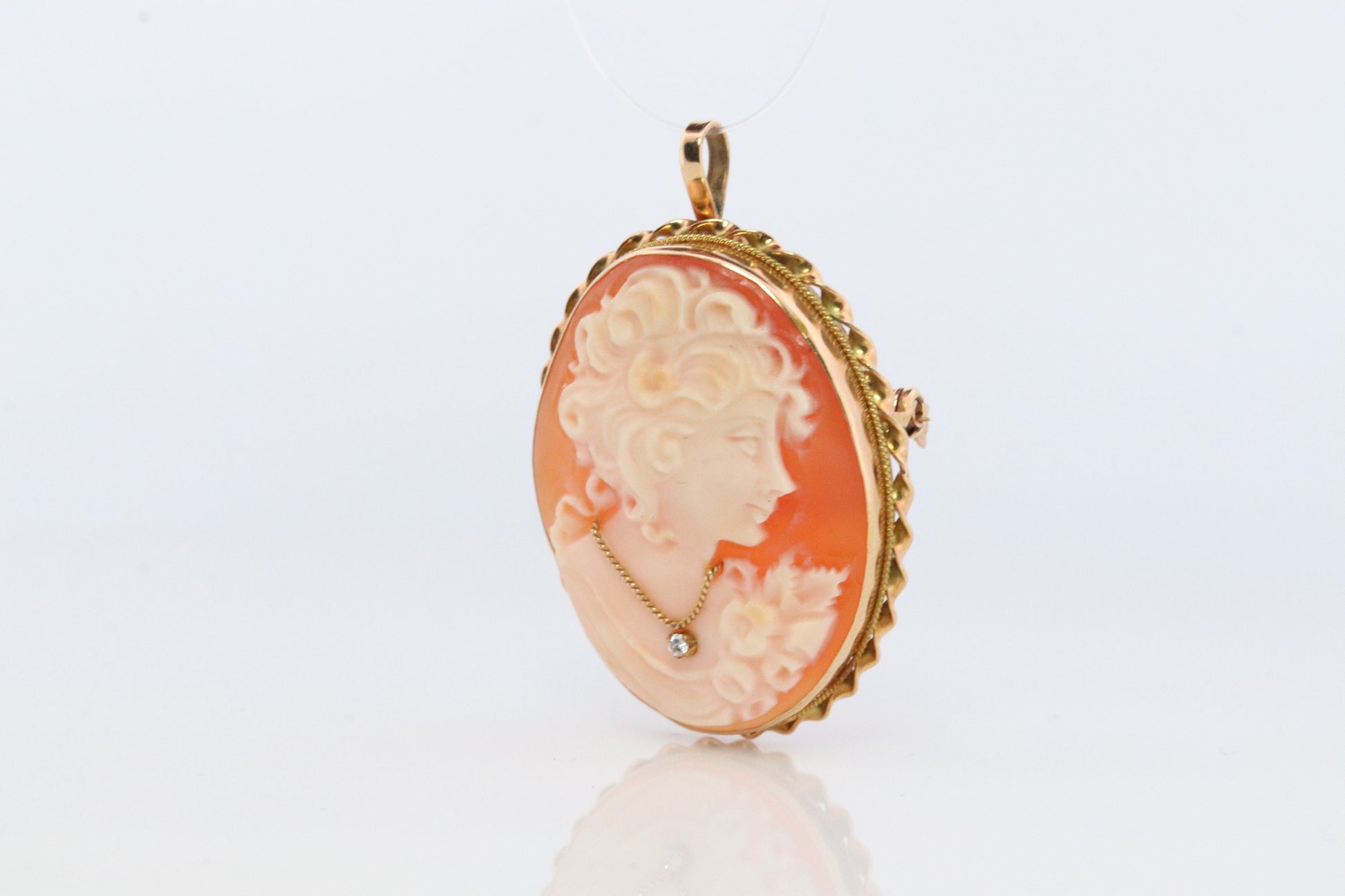 14k Yellow Gold Cameo w/ Diamond, Vintage Filigree Carved Shell Brooch Pin or Pendant. Carved Cameo Shell Pendant and Brooch.