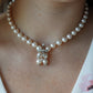 JABEL Diamond 18k White Gold Pearl Necklace. 8mm Pearls 15inch Bypass Chocker Necklace.