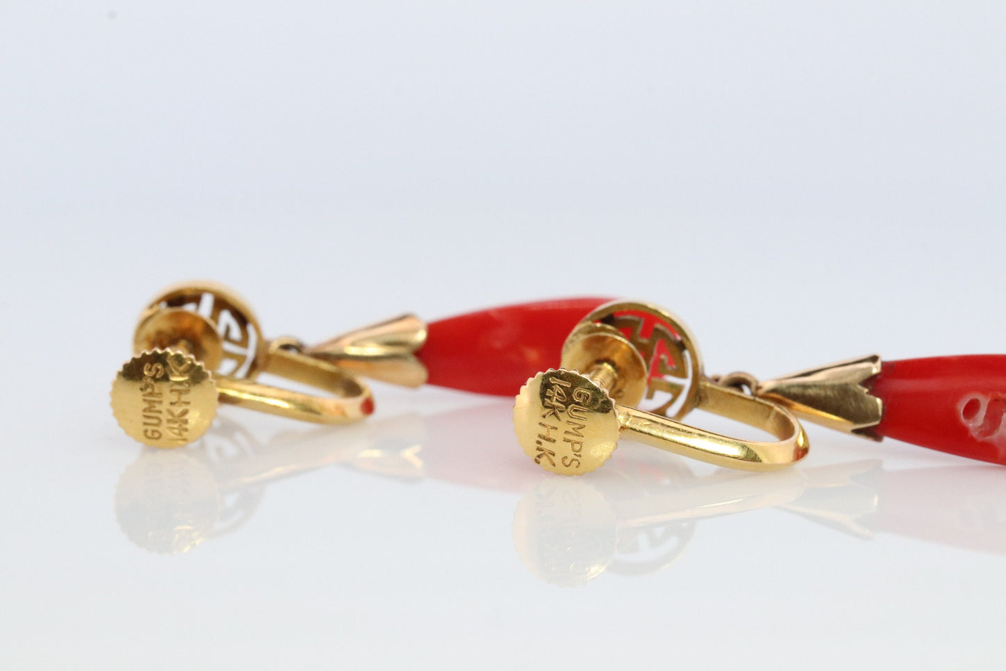 GUMP'S Coral Earrings. 14k Carved Coral Dangle Natural Coral. Chinese SHOU Coral Earrings. Vintage Gump's jewelry