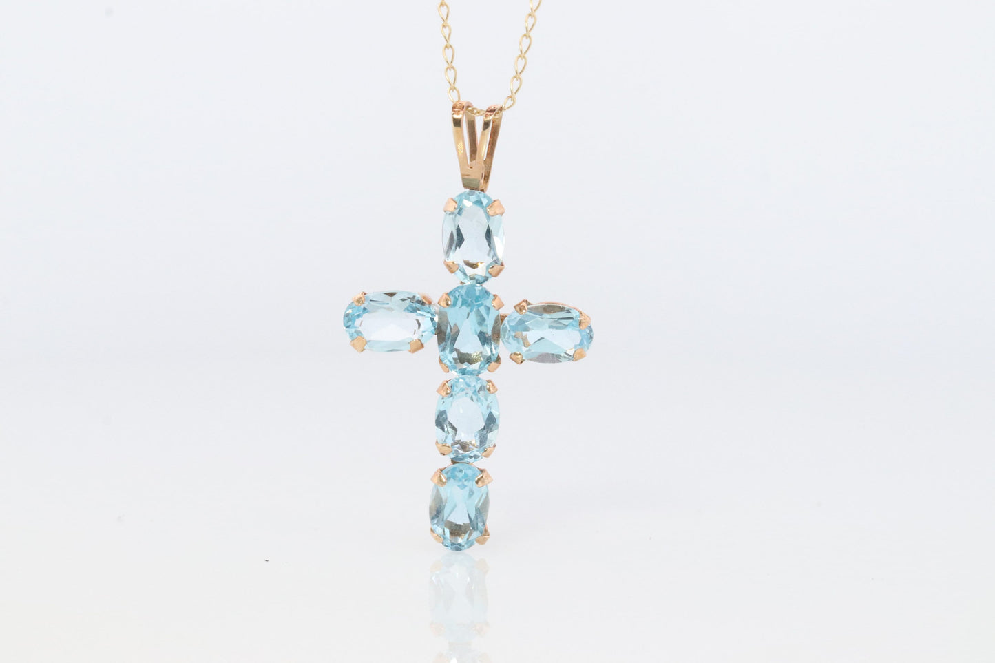 10k Topaz Cross Pendant. Crucifix Christian set Swiss Aqua Topaz.