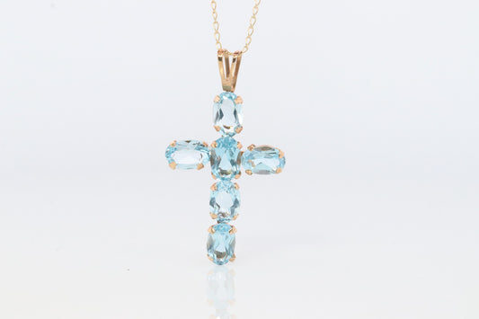 10k Topaz Cross Pendant. Crucifix Christian set Swiss Aqua Topaz.