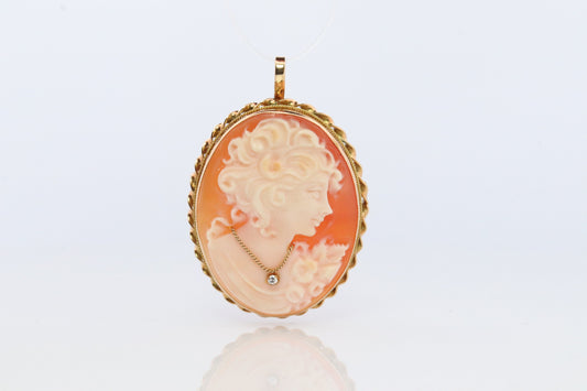 14k Yellow Gold Cameo w/ Diamond, Vintage Filigree Carved Shell Brooch Pin or Pendant. Carved Cameo Shell Pendant and Brooch.