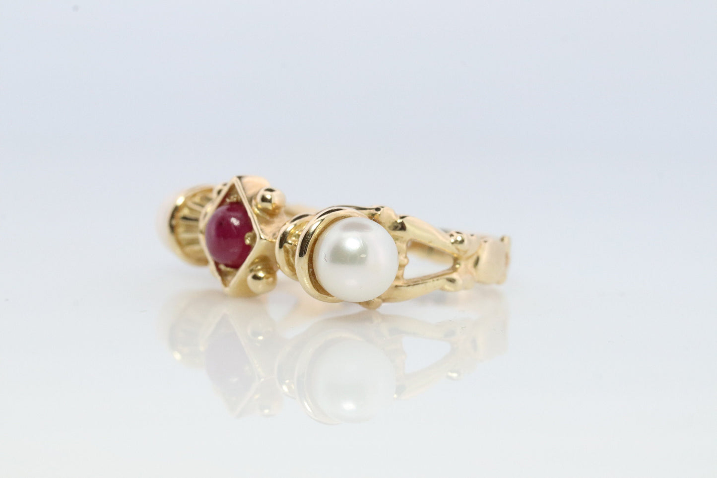 14k Ruby and Pearl Cluster ring. Victorian Pearl seed and Ruby band. Etruscan Revival Byzantine Ruby Pearl Cluster