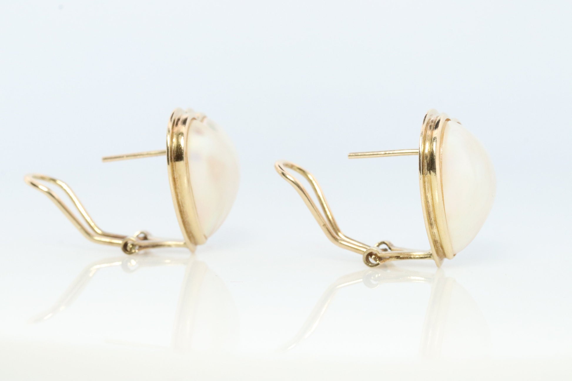 14k Large MABE Pearl Earrings Diamond Omega earrings. Omega Back Heart Round Mabe Pearl Earrings