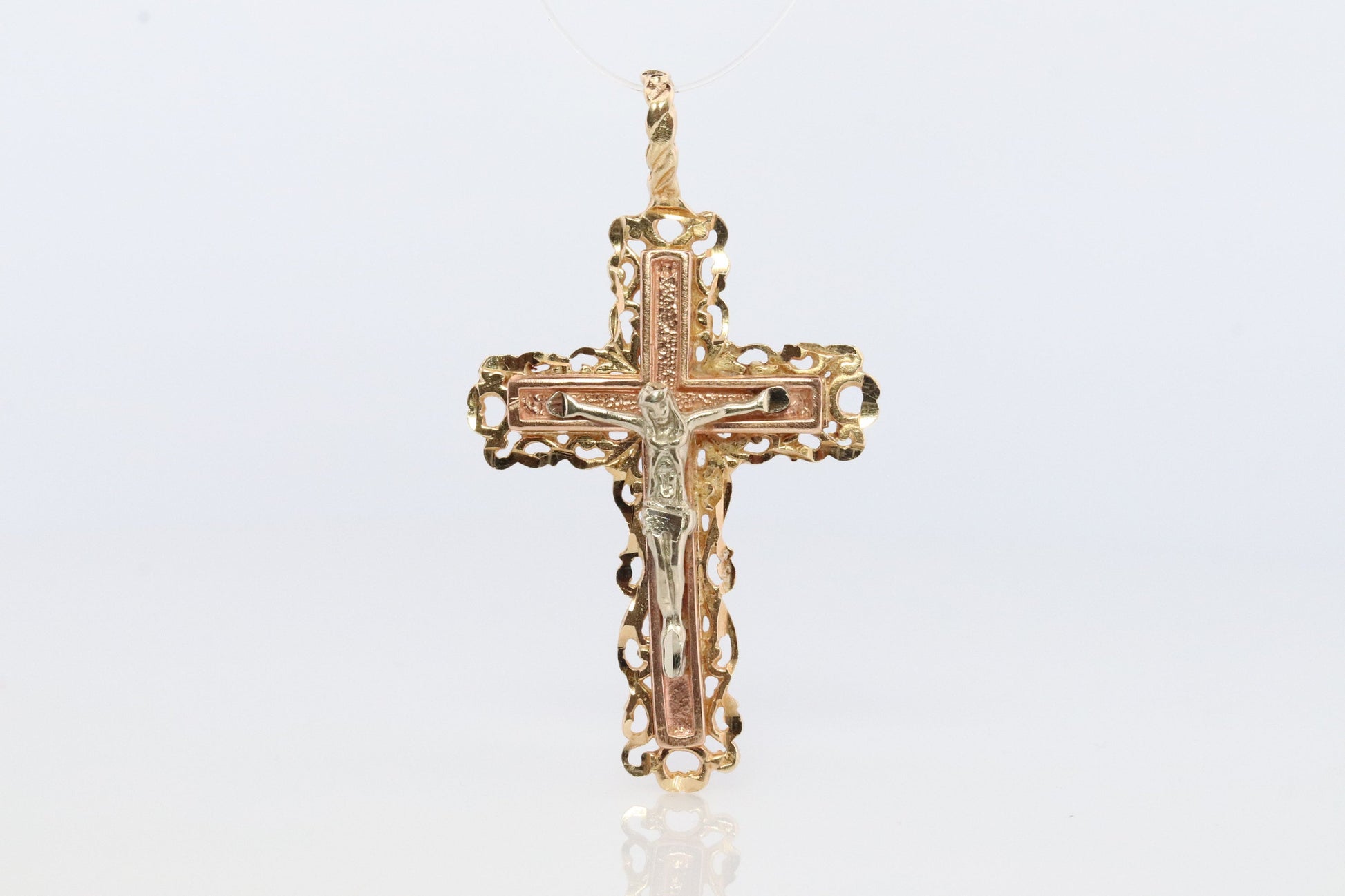 14k Detailed Cross. Crucified Jesus Crucifix 14k Gold Pendant. Tricolor Yellow Rose Yellow Gold Layered Cross.