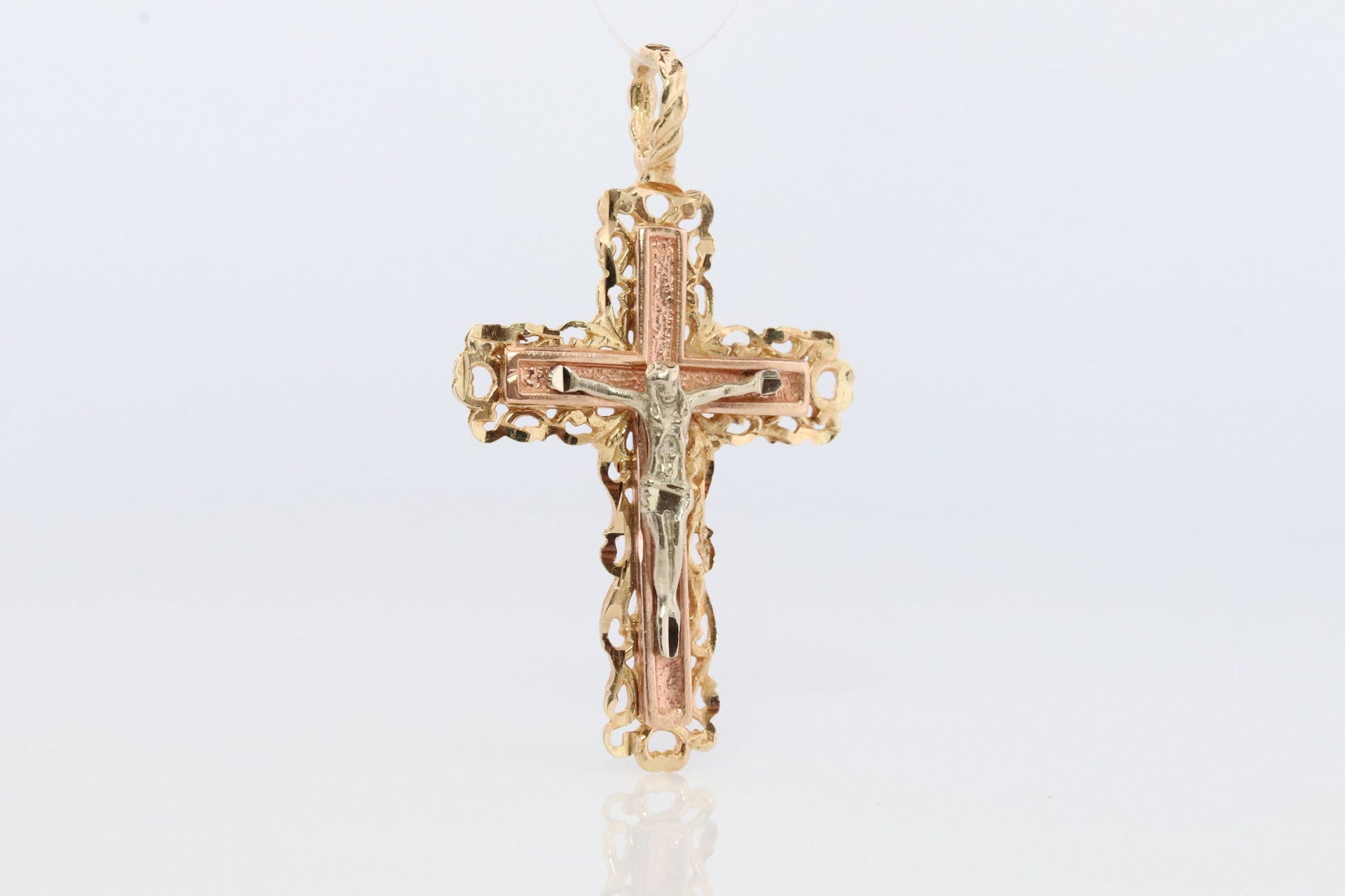 14k Detailed Cross. Crucified Jesus Crucifix 14k Gold Pendant. Tricolor Yellow Rose Yellow Gold Layered Cross.