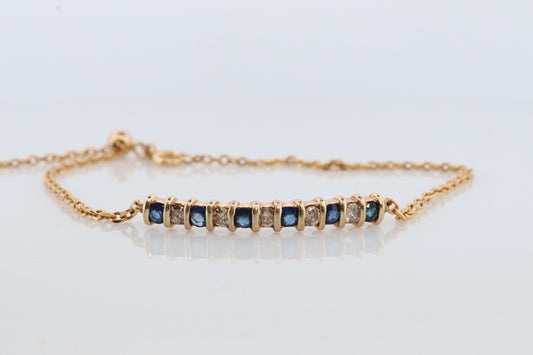 10k Dark Blue Sapphire Diamond Bar Bracelet. 10k/14k Yellow Gold Genuine Sapphire Diamond Tennis Adjustable Bracelet.