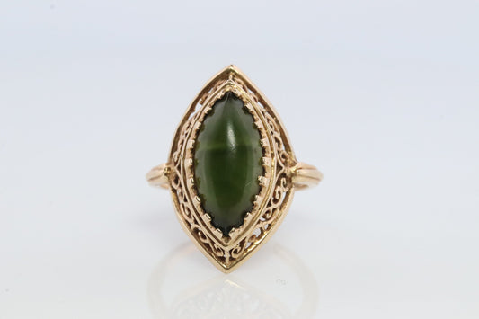 14k Dark Green Jade Jadeite ring. Marquise cut green Jade cabochon ring. Open Filigree Scrollwork ring.