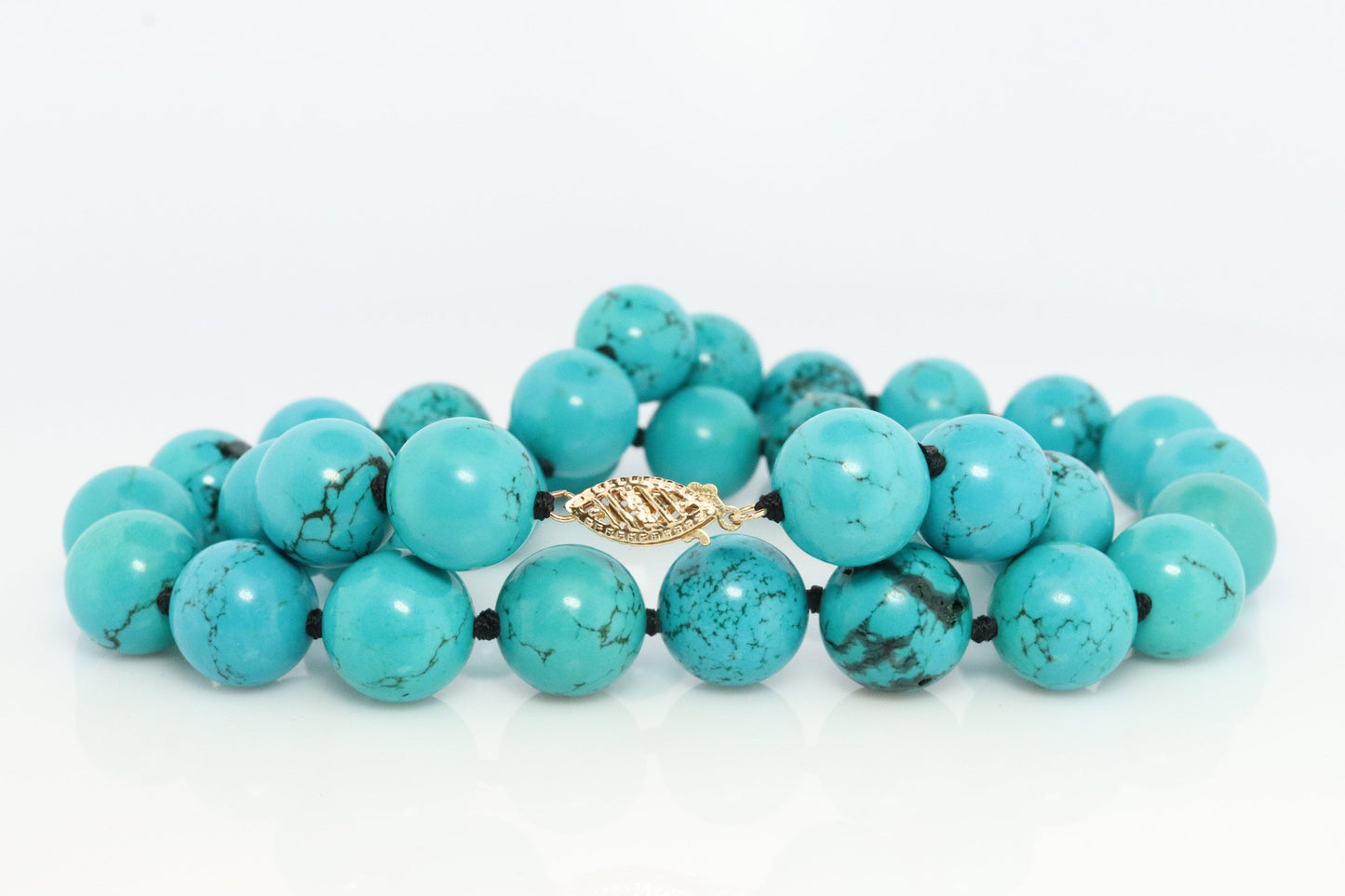 14k Genuine Turquoise Bead Necklace. Round Turquoise Knotted Beads Necklace. 18in