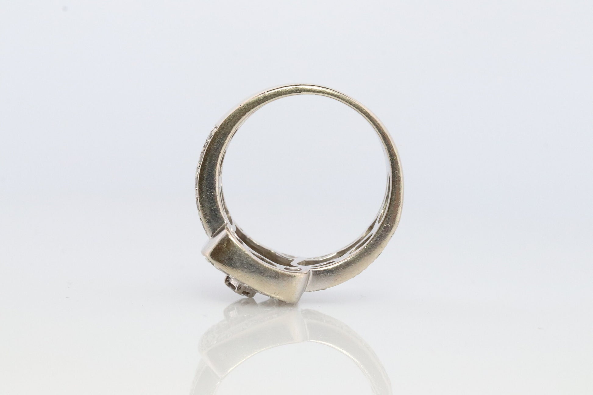 14k Filigree diamond shield ring. 14k Vintage diamond ring. Open Work Diamond ring.