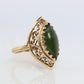 14k Dark Green Jade Jadeite ring. Marquise cut green Jade cabochon ring. Open Filigree Scrollwork ring.