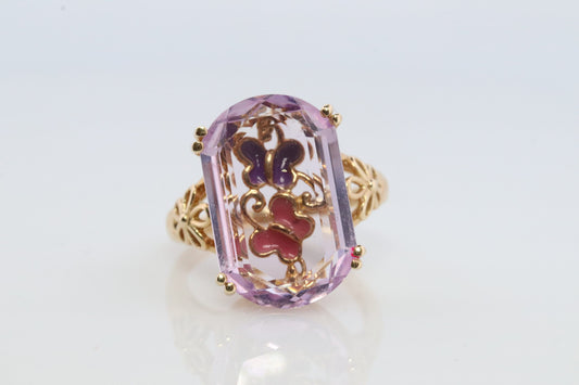 14k Butterfly Ring. 14k Yellow Gold and PINK TOPAZ ring. Butterfly Background ring.