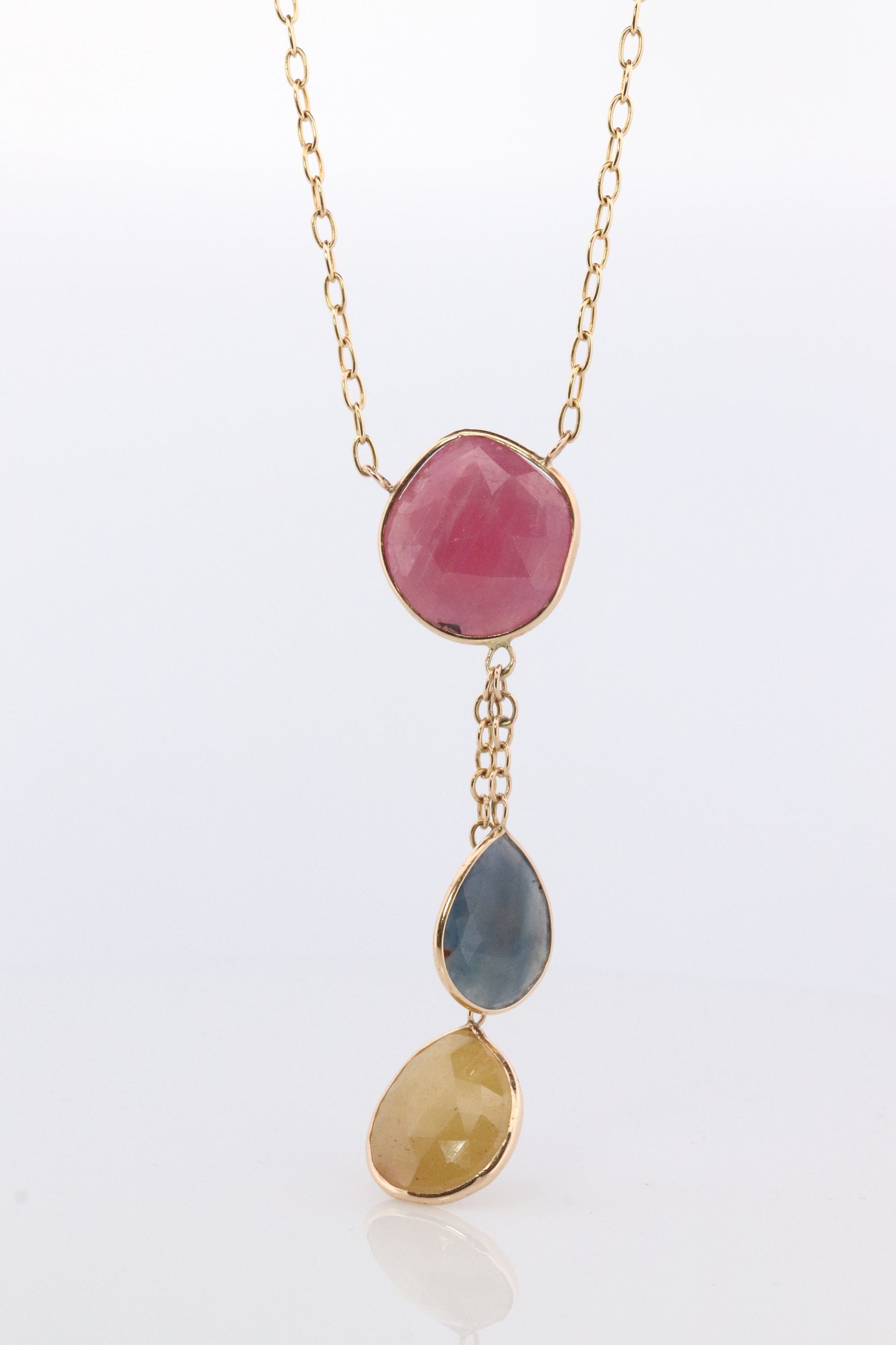 Sliced Sapphire Lariat Necklace. 14k Yellow Gold Multi-Color Sapphire Dangle Pendant Necklace. Made by Midas